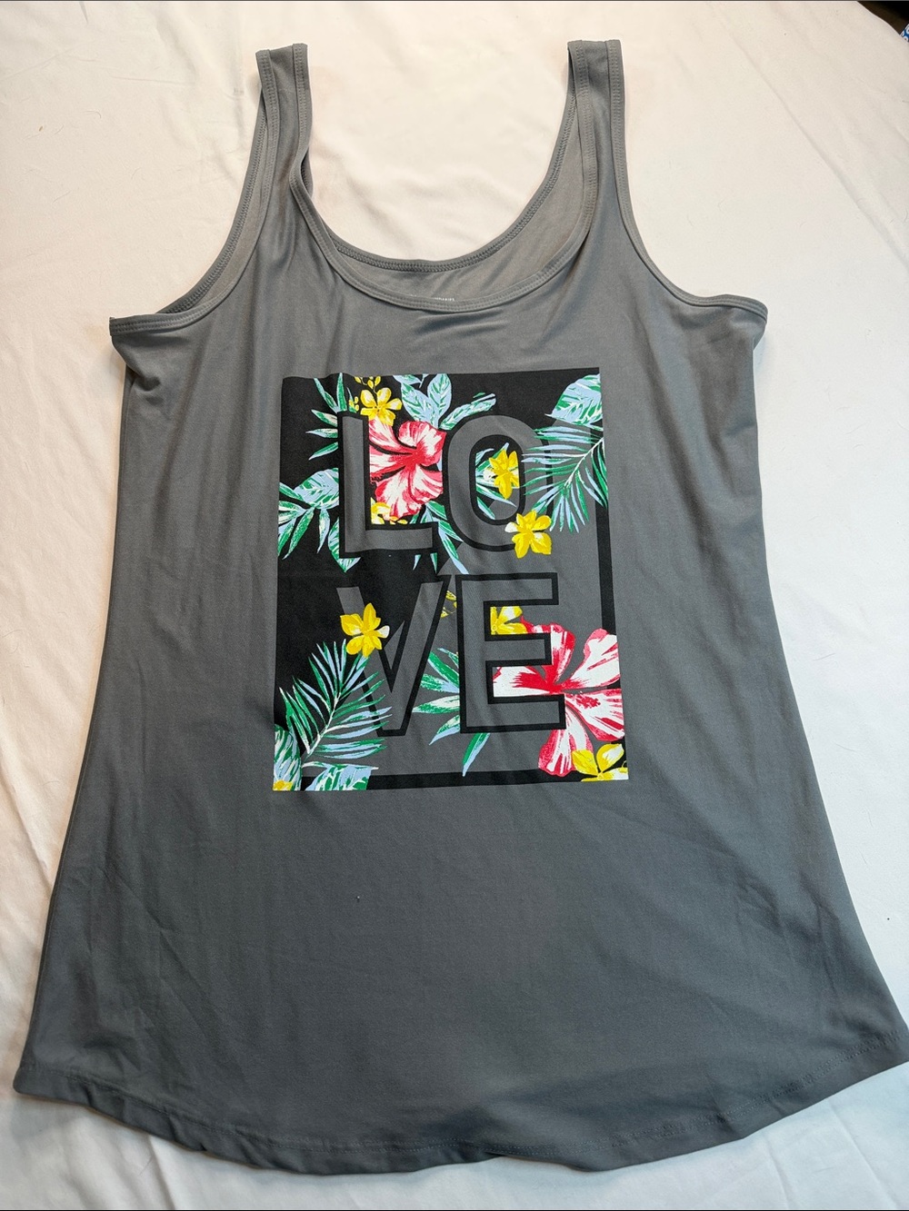 No Boundaries Gray Tank Top with Floral 'LOVE' Graphic - Pink, Yellow, Green